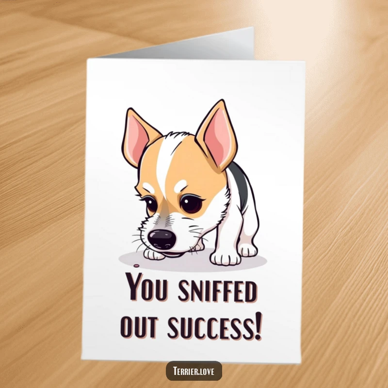 Funny Free Printable Congratulations Card: A terrier with a focused expression, nose to the ground, intently sniffing.