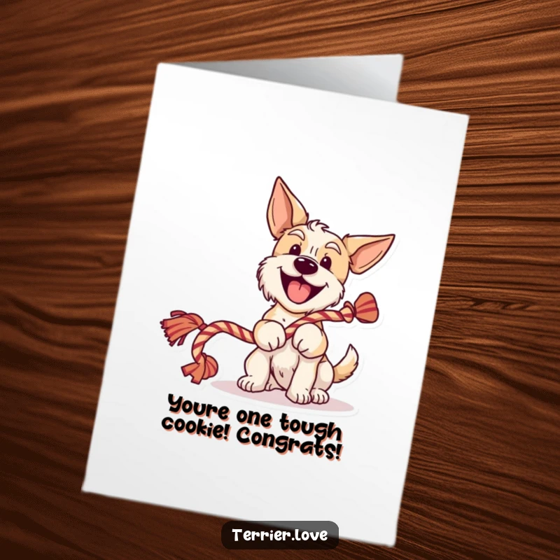 Funny Free Printable Congratulations Card with a cheerful terrier, wagging tail, and a rope toy, celebrating success.