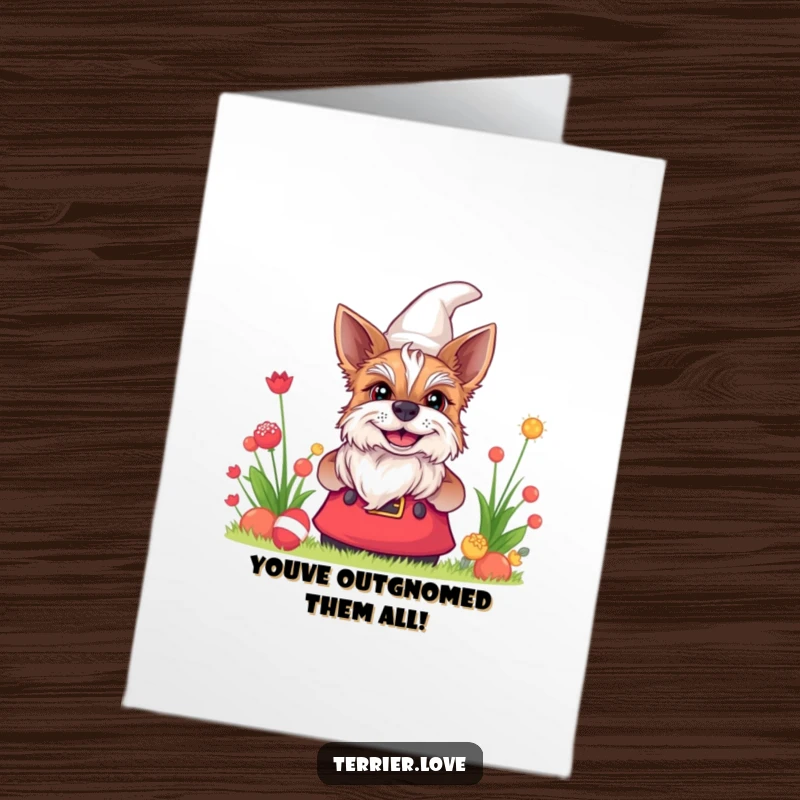 Funny Free Printable Congratulations Card: A terrier peeking from behind a garden gnome, sharing a wide, mischievous grin.