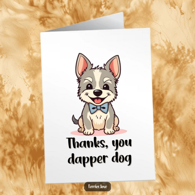 Funny Free Printable Thank You Card featuring a dressed-up Terrier dog in a bow tie, shaking its head happily.