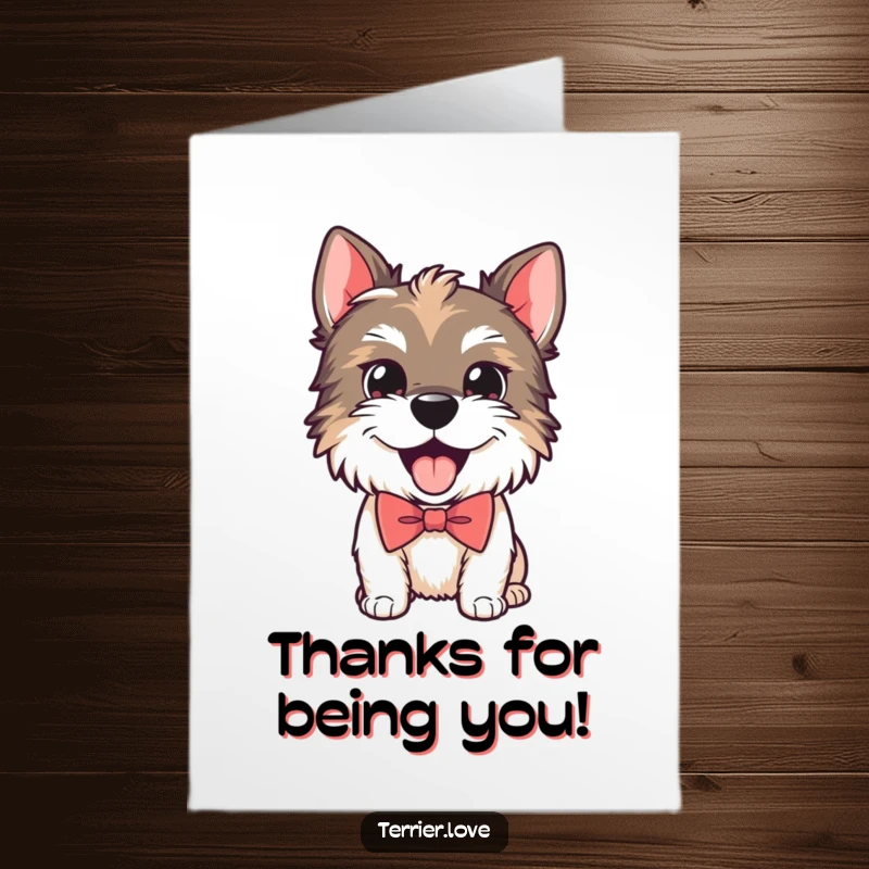Funny Free Printable Thank You Card: Playful Terrier wearing a smart bow tie, panting happily to show thanks.