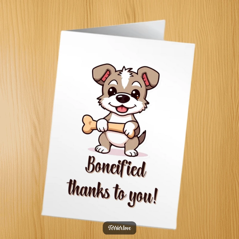 Funny Free Printable Terrier Thank You Card: Terrier dog standing proudly with a bone, showing gratitude.