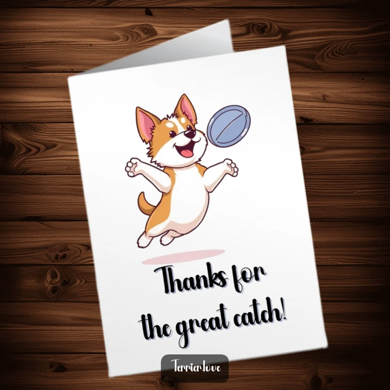 Funny free printable thank you card of a bouncy terrier leaping for a disc, conveying energetic gratitude.