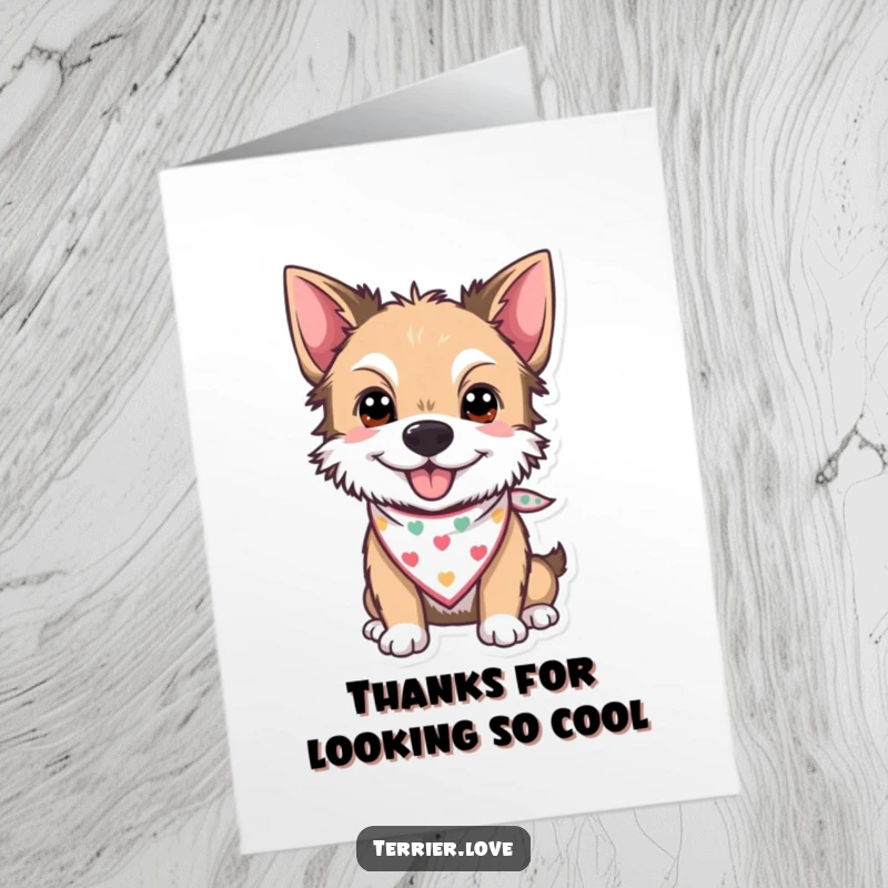 Funny Free Printable Thank You Card: A friendly terrier wearing a small, cool bandana, expressing thanks with a happy expression.