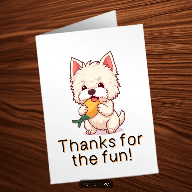 Funny Free Printable Thank You Card: Fluffy terrier delighted with a squeaky toy, expressing gratitude.
