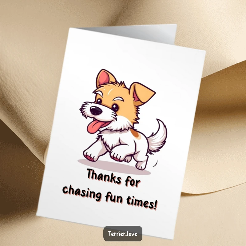Funny Free Printable Thank You Card: A happy terrier with a huge grin panting as it chases its own tail.