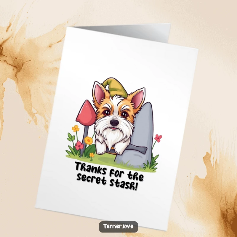 Funny Free Printable Thank You Card: A mischievous terrier peeking around a garden gnome, sharing a playful secret.