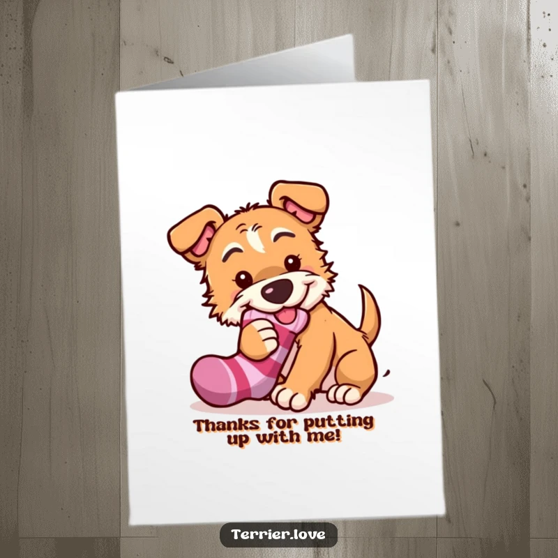 Funny Free Printable Thank You Card: A mischievous terrier with a sock in its mouth, thanking you with playful charm.