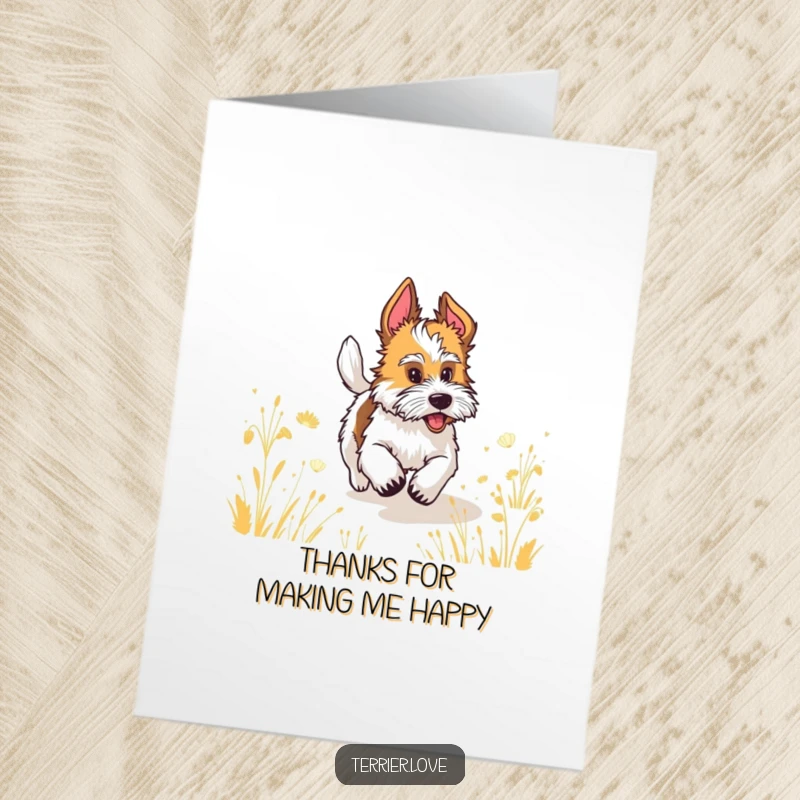 Free Printable thank you card featuring a terrier with a wagging tail running through a field, conveying thanks.