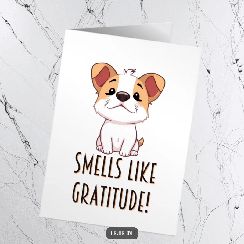 Funny Free Printable Terrier Thank You Card: Terrier dog excitedly sniffing the air with nose up, showing appreciation.