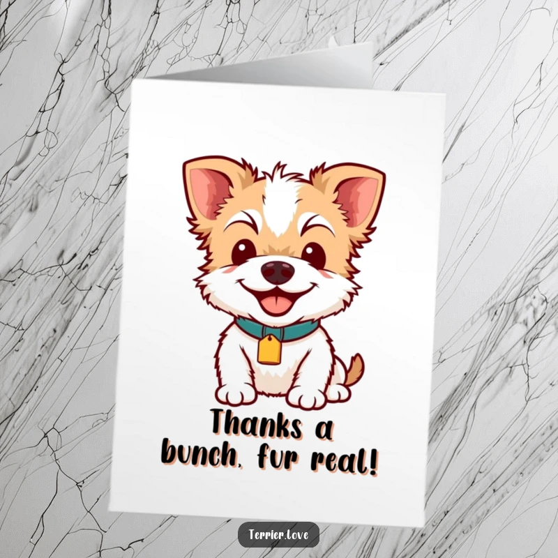 Funny Free Printable Thank You Card: A happy terrier with a tag, offering a charming smile. Perfect for a DIY thank you.