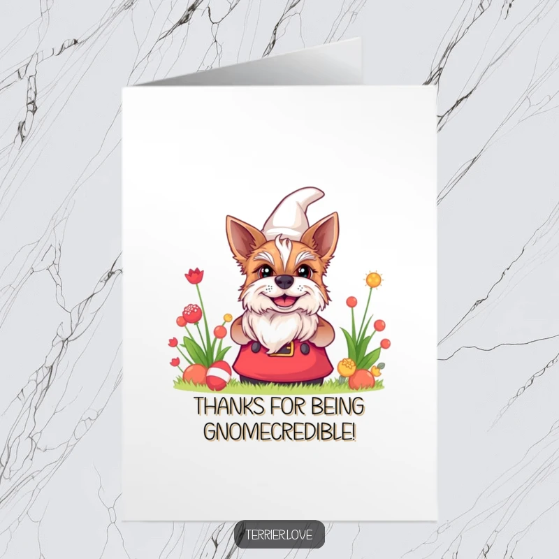 Funny Free Printable Thank You Card: A terrier dog peeking from behind a garden gnome, sporting a funny, thankful grin.