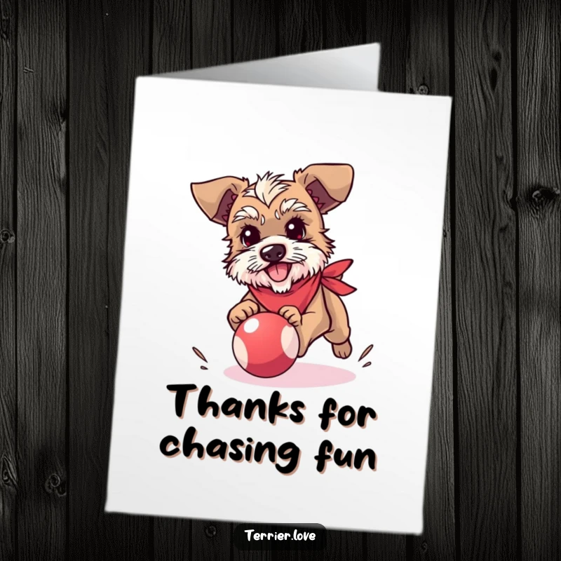 Funny Free Printable Thank You Card featuring a terrier in a bandana chasing after a bouncy ball.