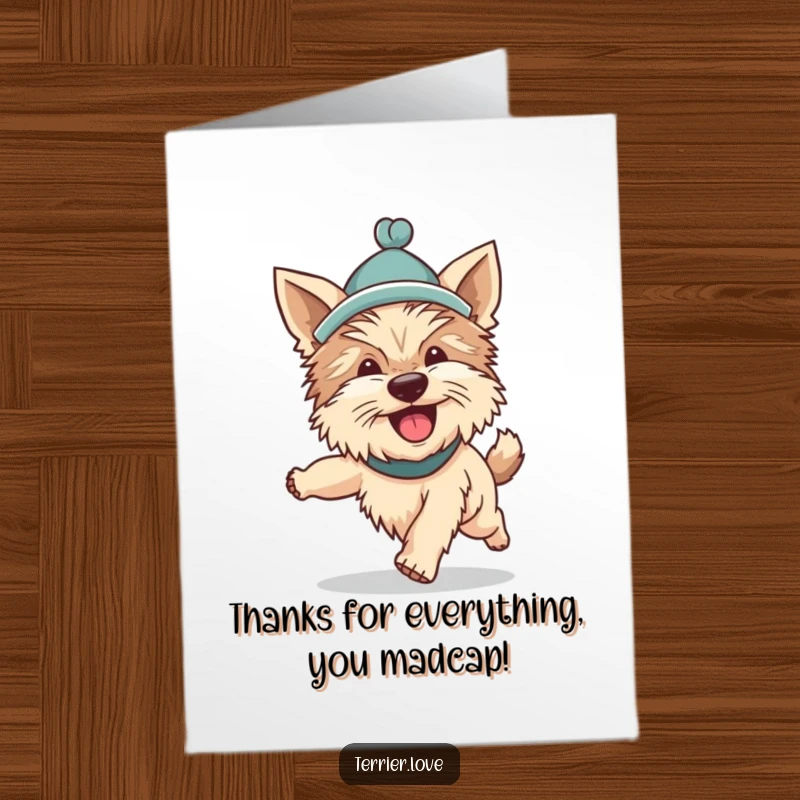 Funny Free Printable Thank You Card: A silly Terrier in a hat spins around gleefully, chasing its tail with gratitude.