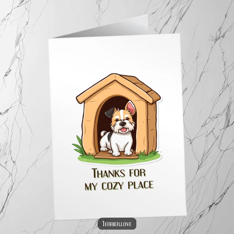 Free Printable thank you card with a terrier playfully peeking from a doghouse, offering thanks with a smile.