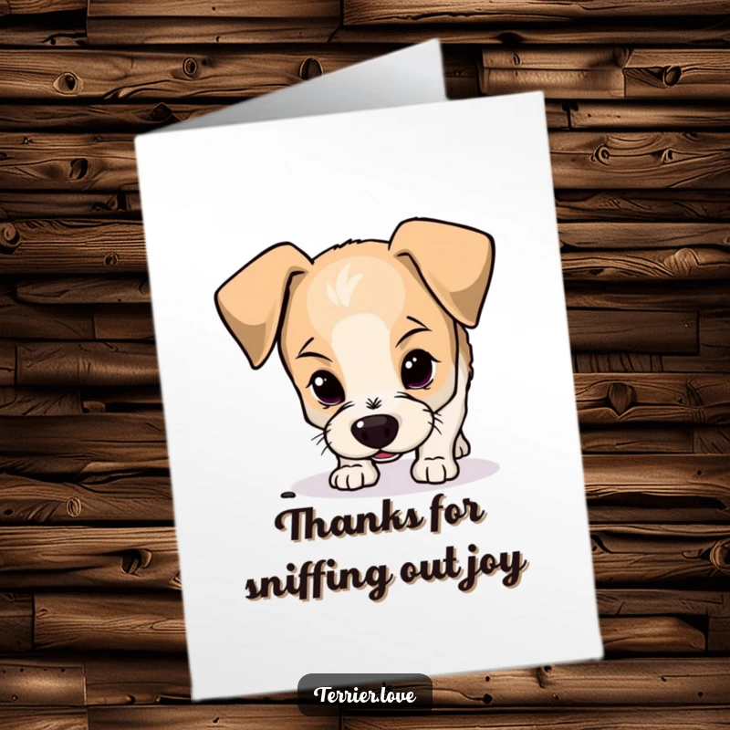 Funny Free Printable Thank You Card depicting a curious terrier with floppy ears sniffing the ground.