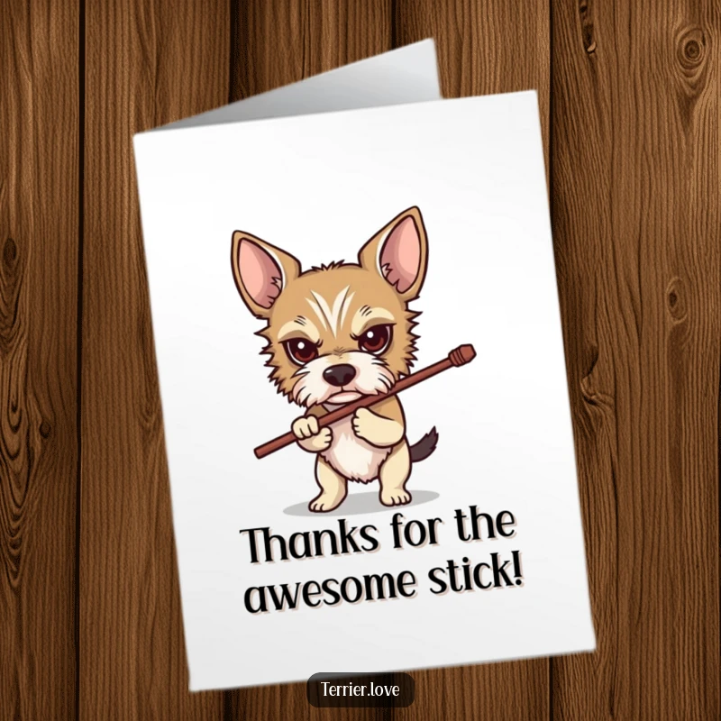 Funny Free Printable Thank You Card: A terrier with intense eyes gripping a stick, symbolizing effort and thanks. Perfect DIY gift.