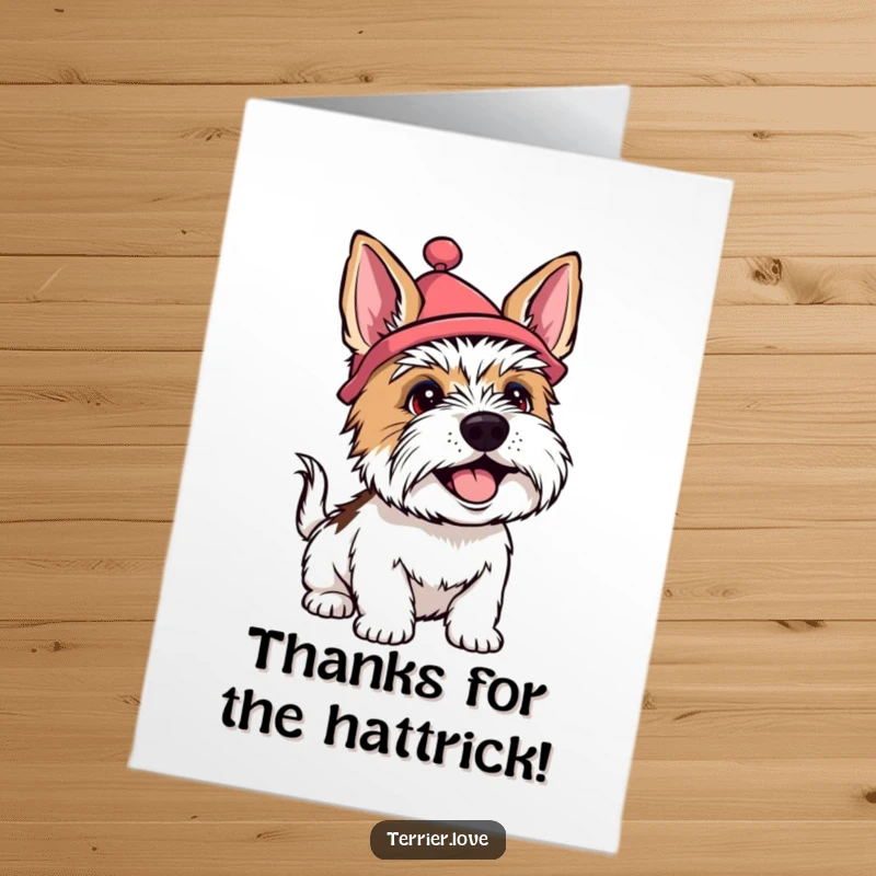 Funny Free Printable Thank You Card: A terrier dog wearing a silly hat, wagging its tail happily to show thanks.
