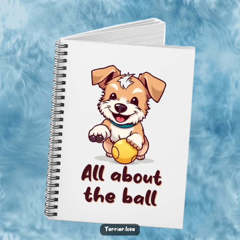 Funny notebook cover featuring a happy terrier with floppy ears, poised to catch a ball, ready for note-taking.