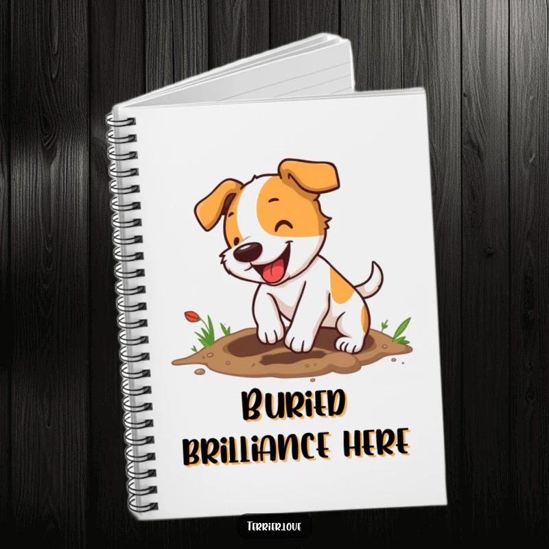 Funny terrier notebook featuring an energetic small dog digging a hole with enthusiasm, perfect for journaling or sketching.