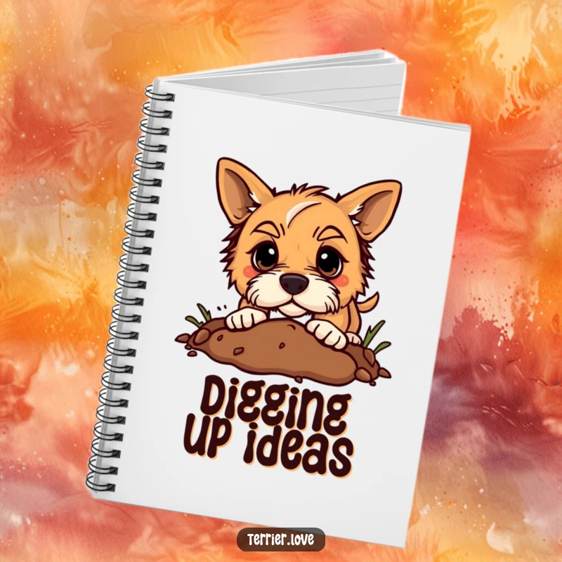 Funny terrier notebook showing a determined dog digging enthusiastically in the dirt, ideal for jotting down focused thoughts.