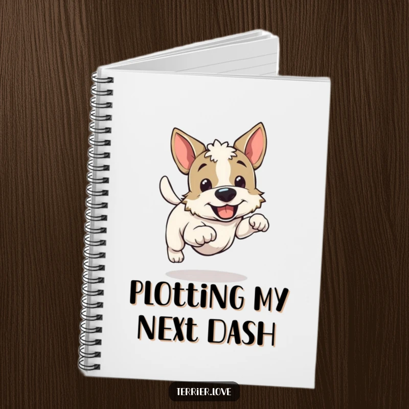 Funny cheerful running terrier notebook, energetic dog mid-run, happy canine cover art, ideal for notes and ideas.