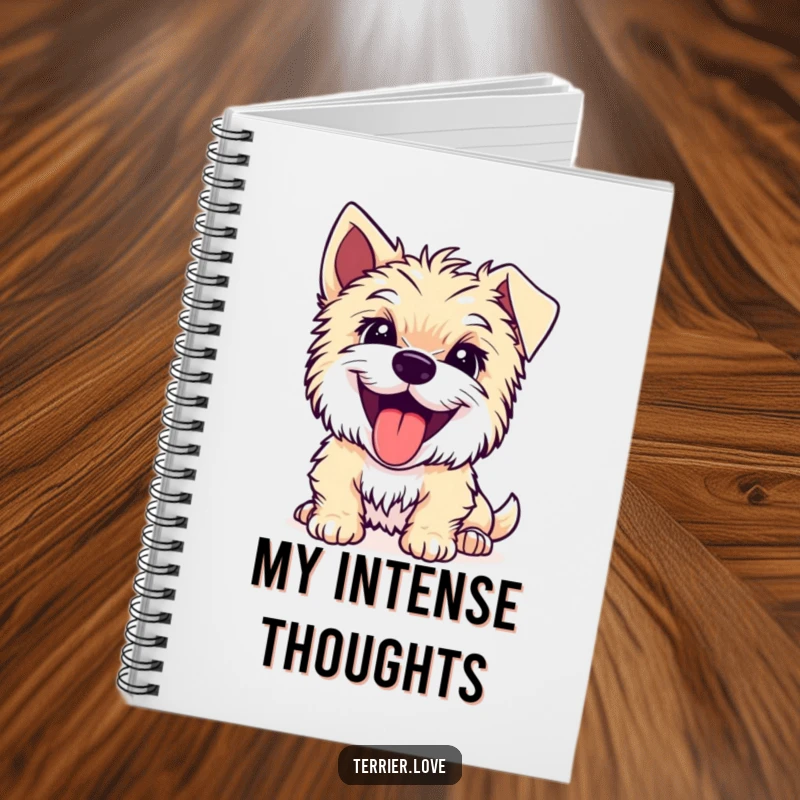 Funny Terrier notebook with a joyful dog whose tongue is out, looking intently at something, ideal for journaling.