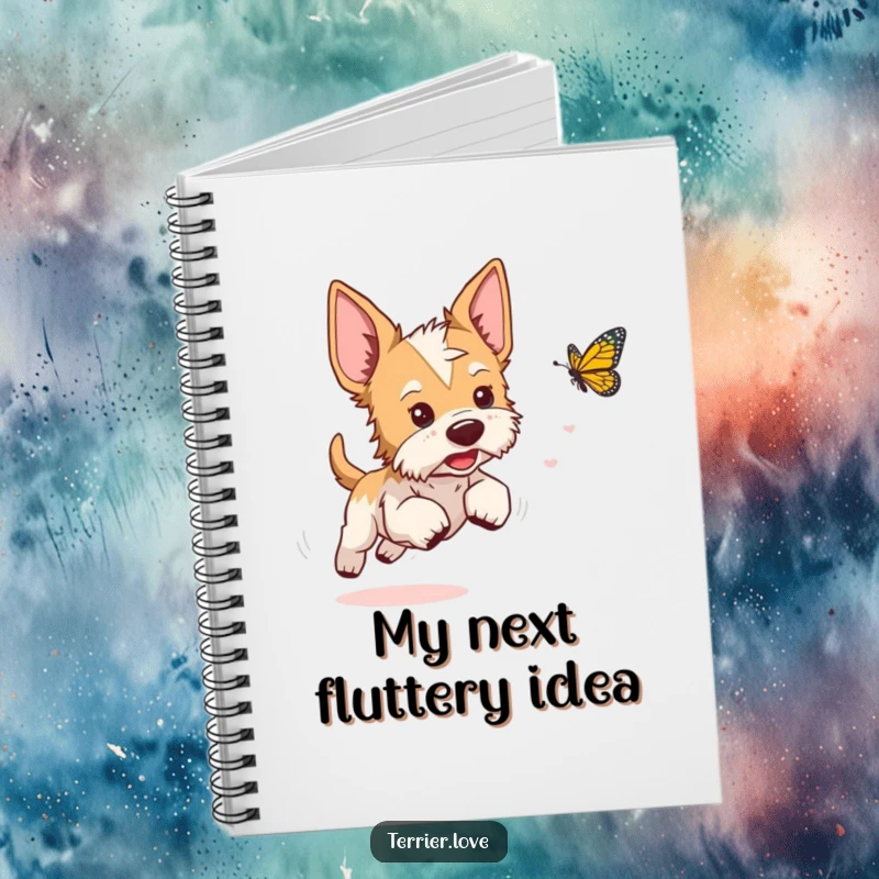 Funny terrier notebook showing a playful dog with perked ears chasing a butterfly, ideal for joyful notes.