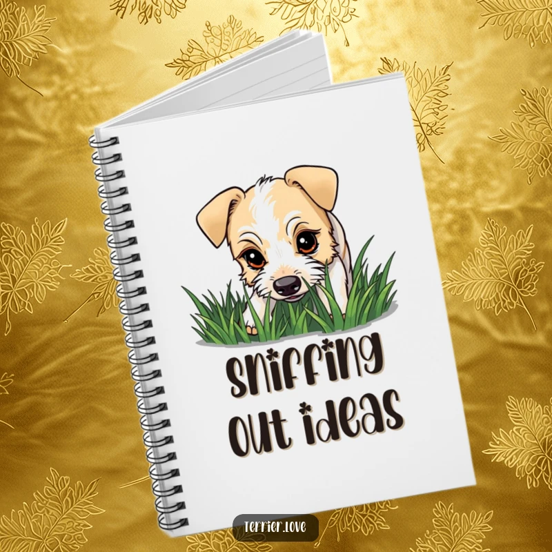 Funny terrier notebook with a dog having a curious gaze as it sniffs grass, ideal for capturing investigative ideas.