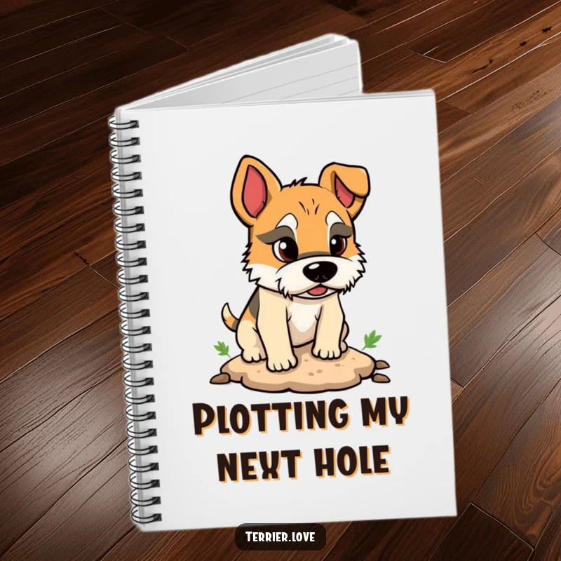 Funny notebook with a terrier character intensely digging a small hole, symbolizing focus and perseverance.