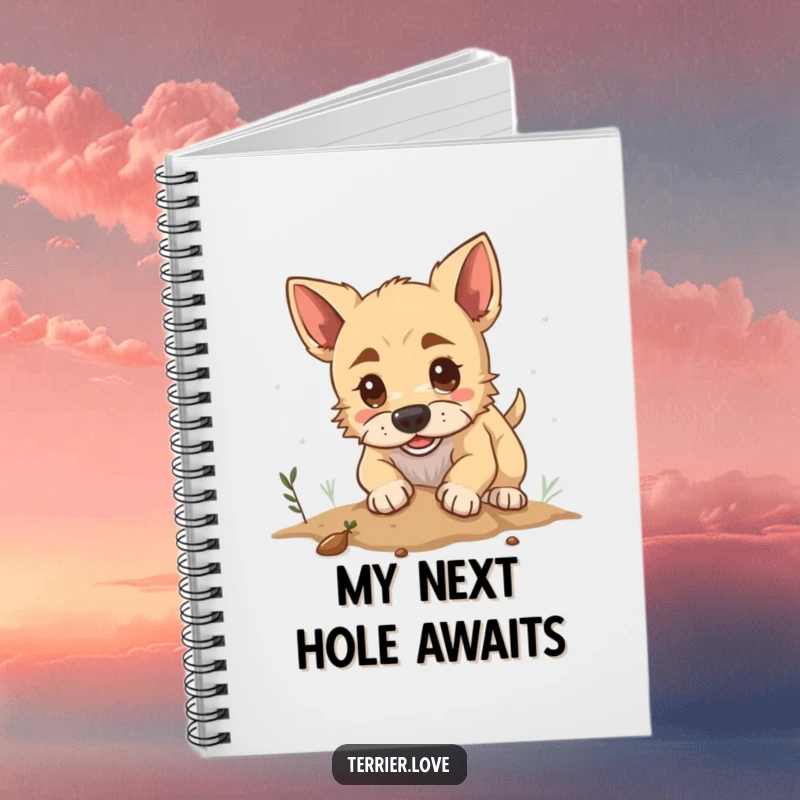 Funny notebook cover showing a determined terrier digging with gusto, ideal for journaling or note-taking with a humorous twist.