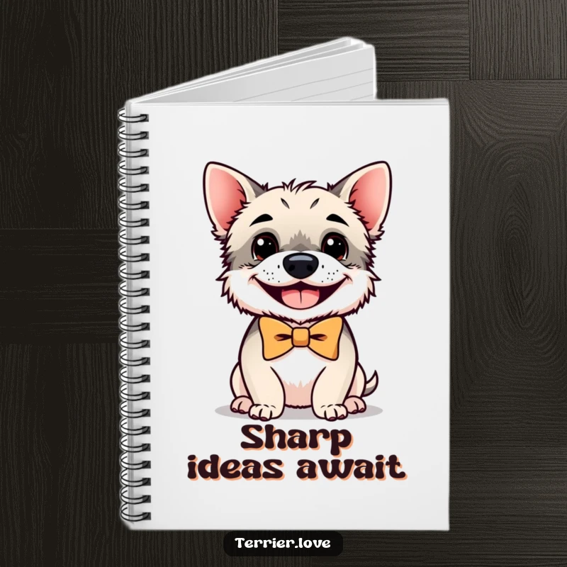 Funny terrier notebook with a small, grinning dog adorned in a bowtie, perfect for writing, planning, or sketching.