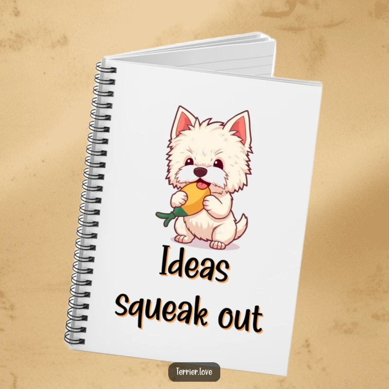 Funny Notebook with a fluffy terrier enthusiastically shaking a squeaky toy, ready to hold your notes, thoughts, and creative bursts.