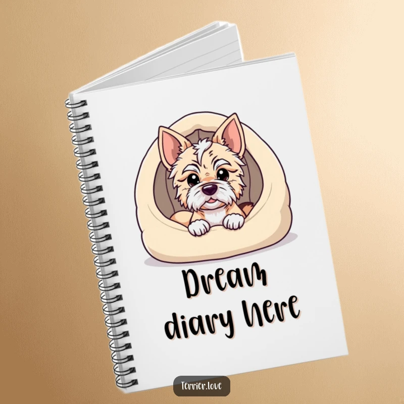 Funny terrier notebook cover featuring a dog peeking from a cozy dog bed, designed for jotting down cozy thoughts and ideas.