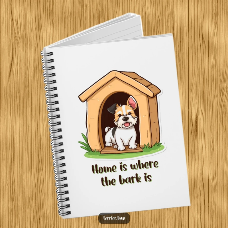 Funny terrier peeking playfully from a doghouse, a humorous notebook for jotting ideas.