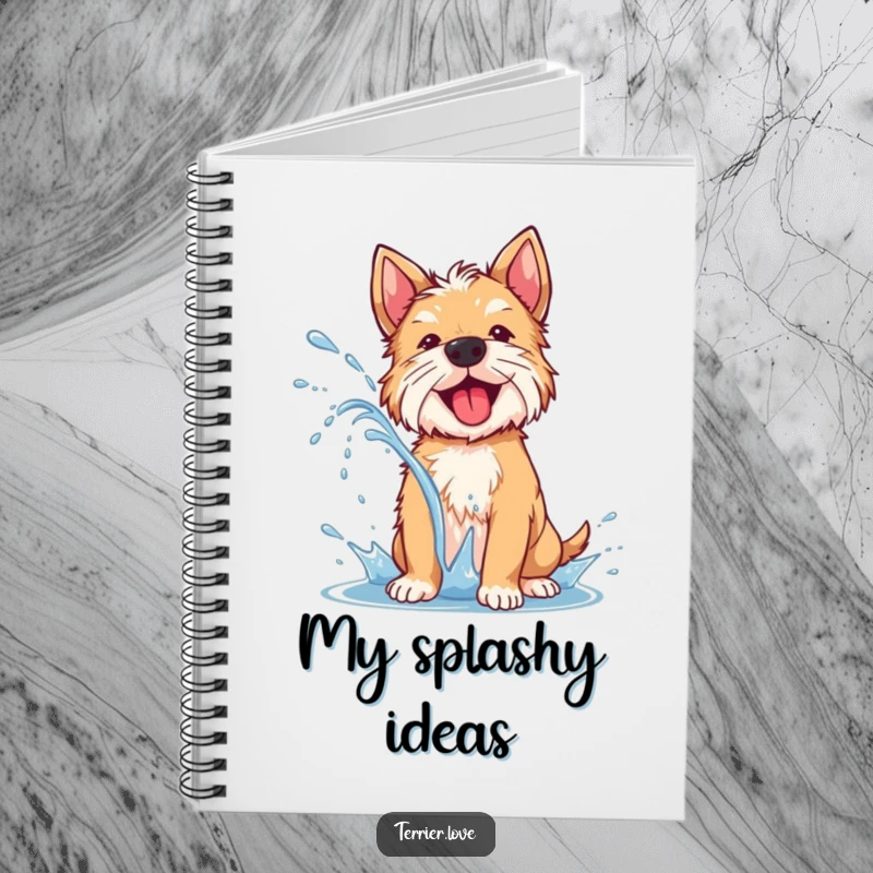 Funny terrier notebook with a dog joyfully shaking off water with a lively spray, ideal for capturing energetic ideas.