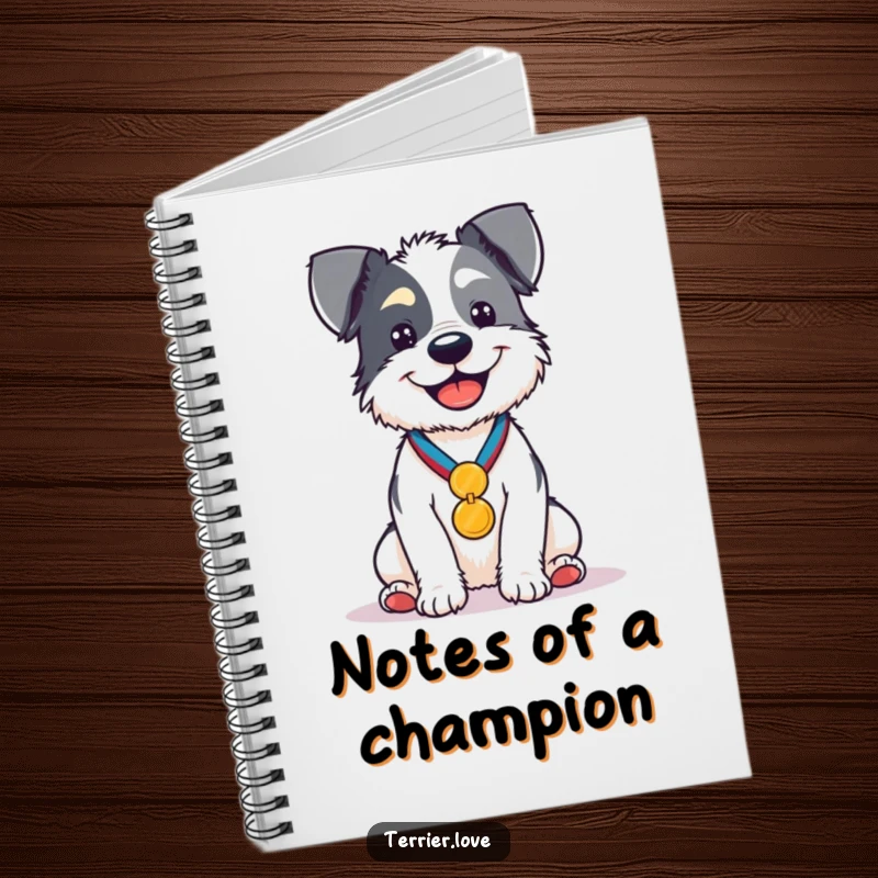 Funny Notebook cover featuring a proud terrier sitting with a medal, signifying excellence and a top-tier mind.