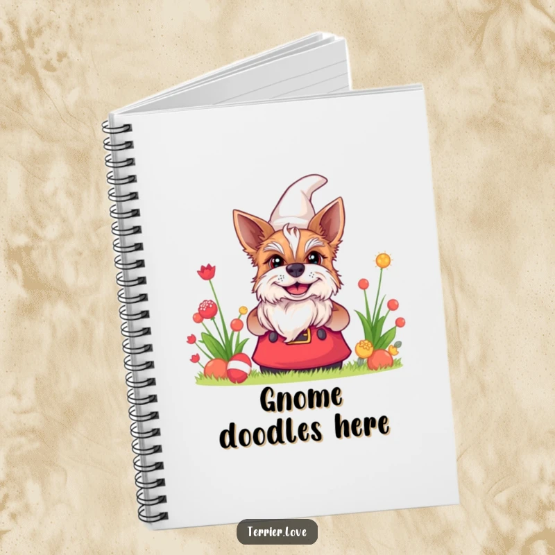 Funny terrier notebook with a dog peeking with a grin from behind a garden gnome, ideal for capturing playful ideas.