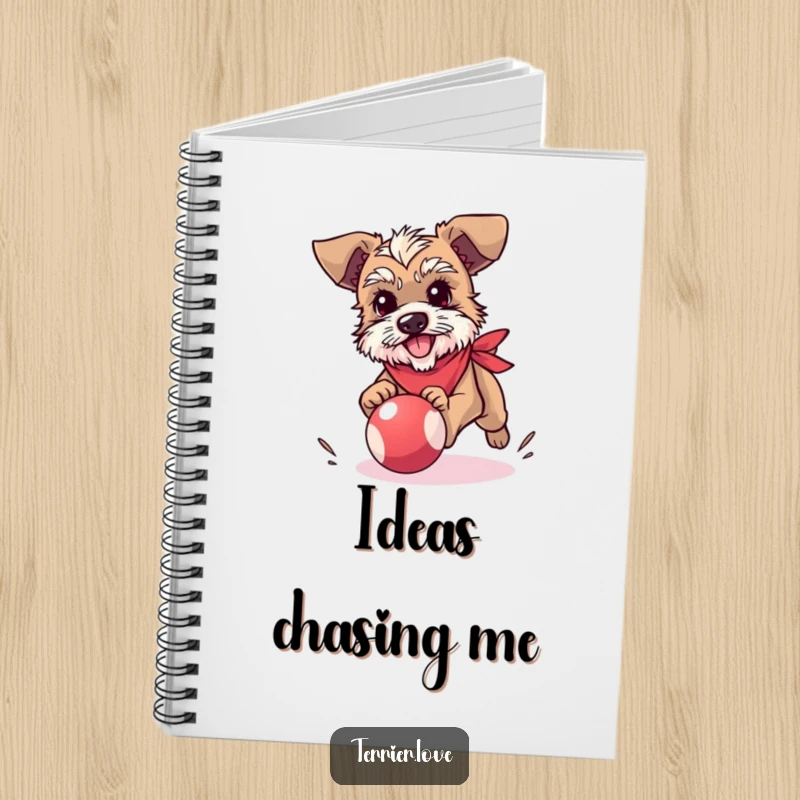 Funny terrier notebook featuring a small dog in a bandana, energetically chasing a bouncy ball, perfect for journaling or sketching.