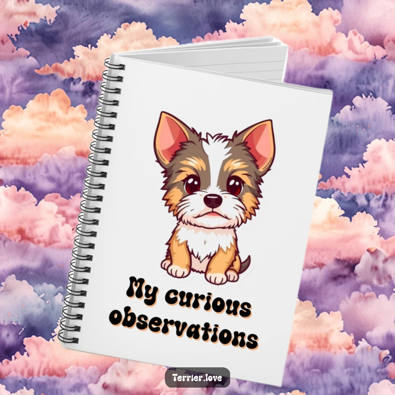 Funny Terrier notebook cover featuring a curious dog with head cocked and alert ears, symbolizing attentiveness and thoughtful consideration.