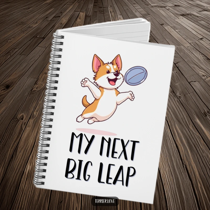 Funny terrier notebook showing a bouncy dog leaping to catch a flying disc, ideal for active note-taking.