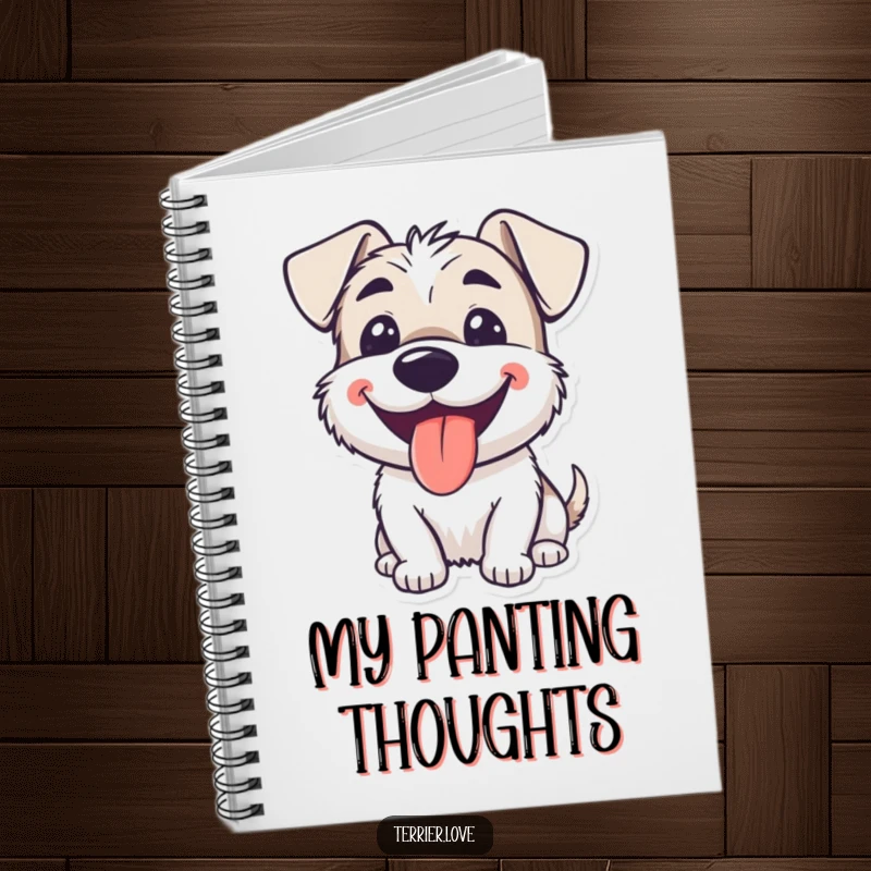 Funny smiling terrier notebook showing a dog happily panting with its tongue lolling out, ideal for note-taking.