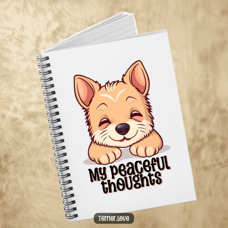 Funny terrier notebook featuring a content smiling dog resting its head on paws, perfect for journaling and note-taking with a relaxed vibe.