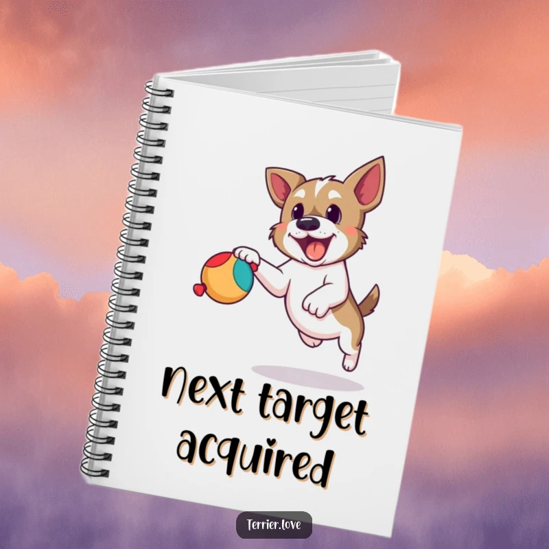 Funny terrier notebook showing a determined dog leaping to catch a squeaky toy, ideal for jotting down playful ideas.
