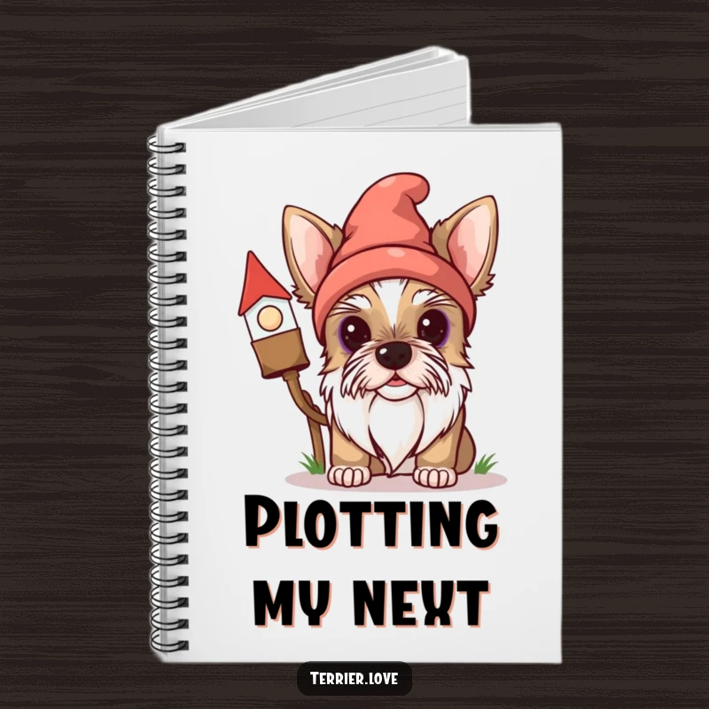 Funny Terrier Notebook: A curious dog peeks from behind a gnome, perfect for taking notes with a humorous and charming touch.