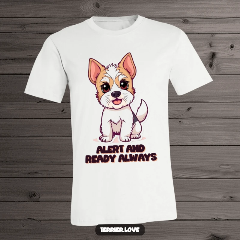 Funny t-shirt showcasing an alert terrier dog mid-tail wag, radiating pure excitement. A perfect humorous apparel gift for dog fans.