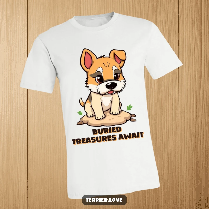 Funny t-shirt illustrating a terrier character with intense focus, digging a small hole with dedication and purpose.