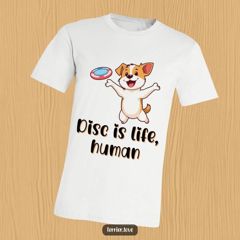 Funny t-shirt with a dynamic terrier character leaping through the air to snatch a flying disc with pure excitement.