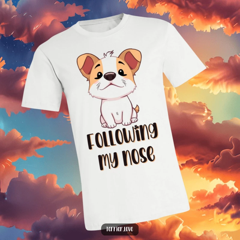 Funny Sniffing Terrier T-Shirt: Excited dog character with nose up in the air, eagerly sniffing, full of zest.