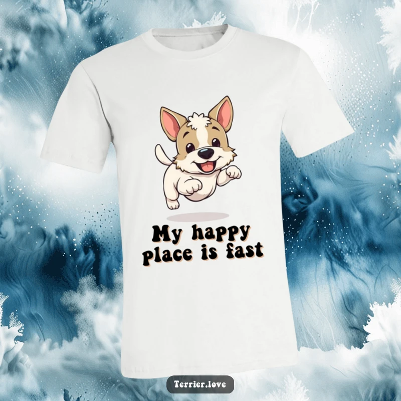 Funny cheerful running terrier t-shirt, dog enthusiastically wagging tail while sprinting, energetic canine graphic, great gift.